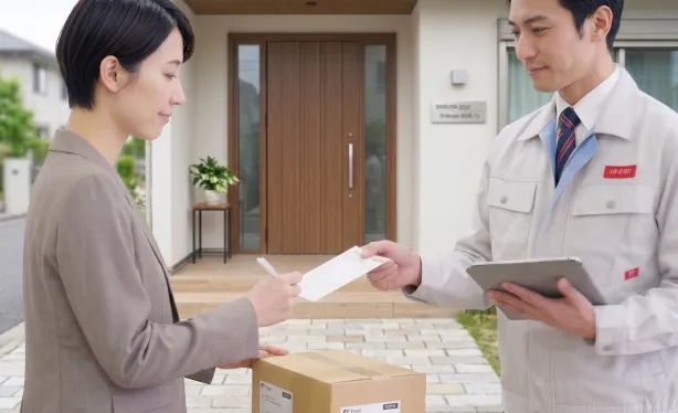 スタッフから郵便物を受け取る様子